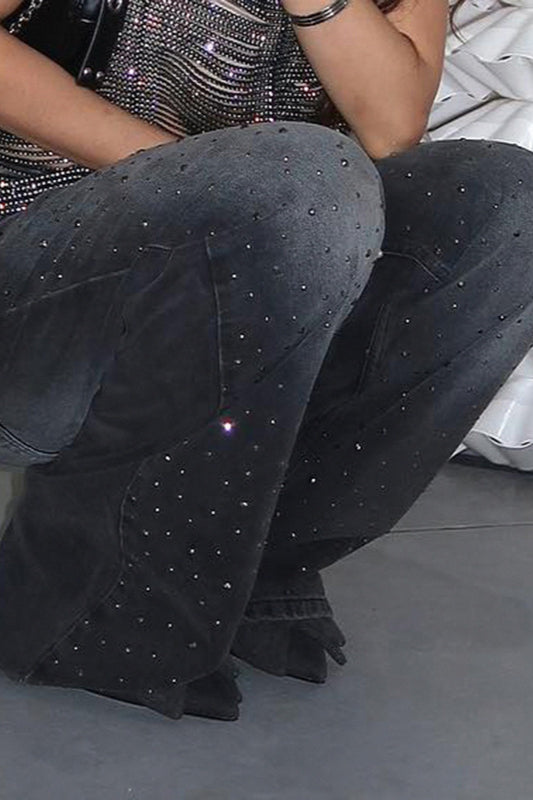 Washed Gradient Rhinestone Jeans