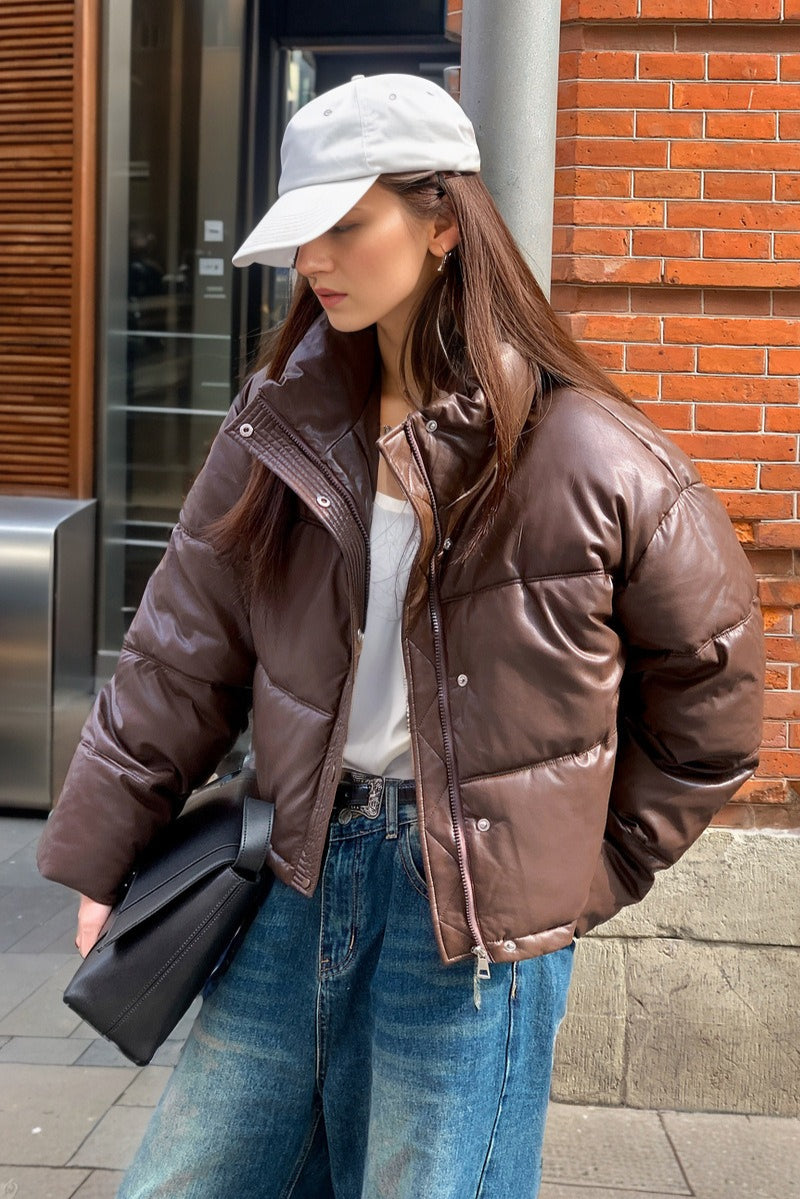 Cropped Faux Leather Insulated Puffer Jacket