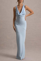 Satin Cowl Neck Fishtail Party Dress S / Blue