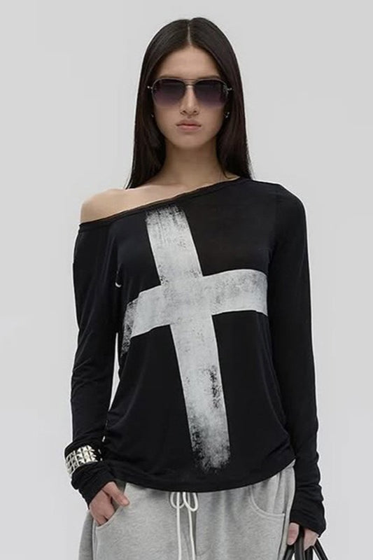 Cross Print Asymmetrical T-Shirt