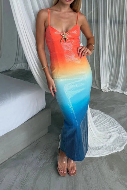 Gradient Sequin Spaghetti Midi Dress