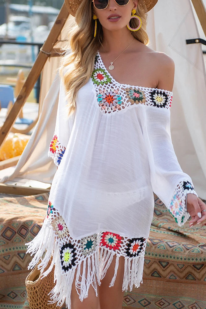 White Fringe Trim Boho Dress White / one size