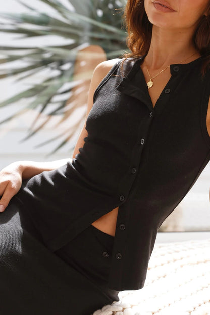 Ribbed Button Basic Cardigan Black / S