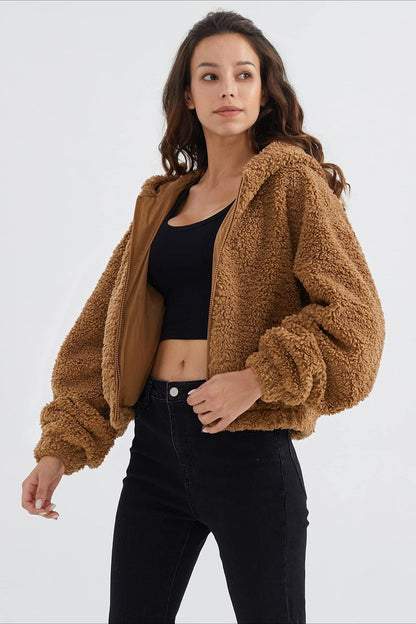 Fuzzy Hooded Zip Short Jacket Khaki / XS