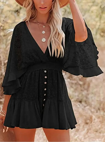 Lace V Neck Ruffle Mini Boho Dress