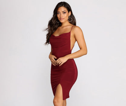 Cowl Neck Front Slit Midi Dress Ins Street