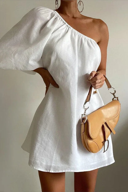 One Shoulder Cotton Linen Mini Dress