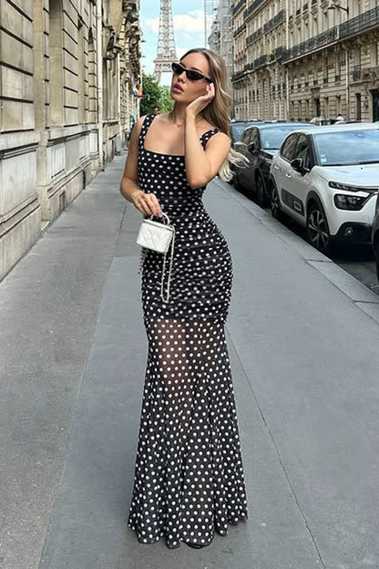 Polka Dot Halter Neck Backless Bodycon Maxi Dress