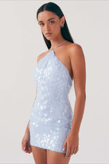 Backless Halter Sequin Lace Up Party Dress XS / Blue