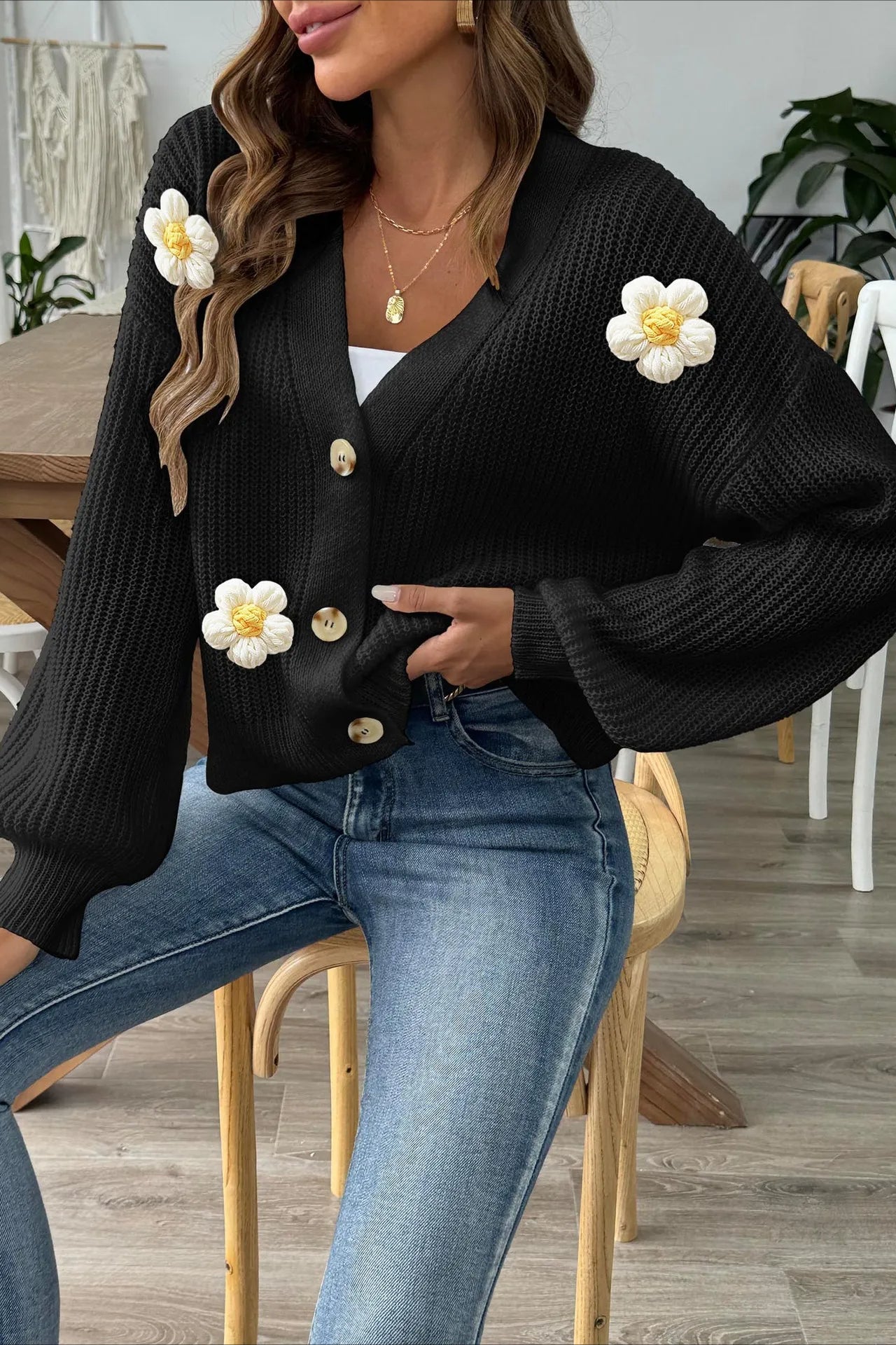 Short Floral Knit Long Sleeve Cardigan