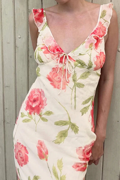 Floral Mesh V Neck Midi Dress