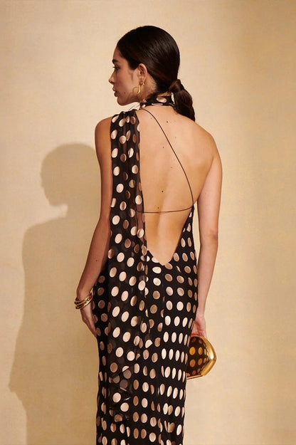 Elegant Polka Dot Backless Halter Maxi Dress