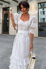 White Puff Sleeve Ruffled Bodycon Maxi Dress