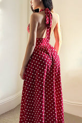 Red Polka Dot V-Neck Halter Backless Maxi Dress
