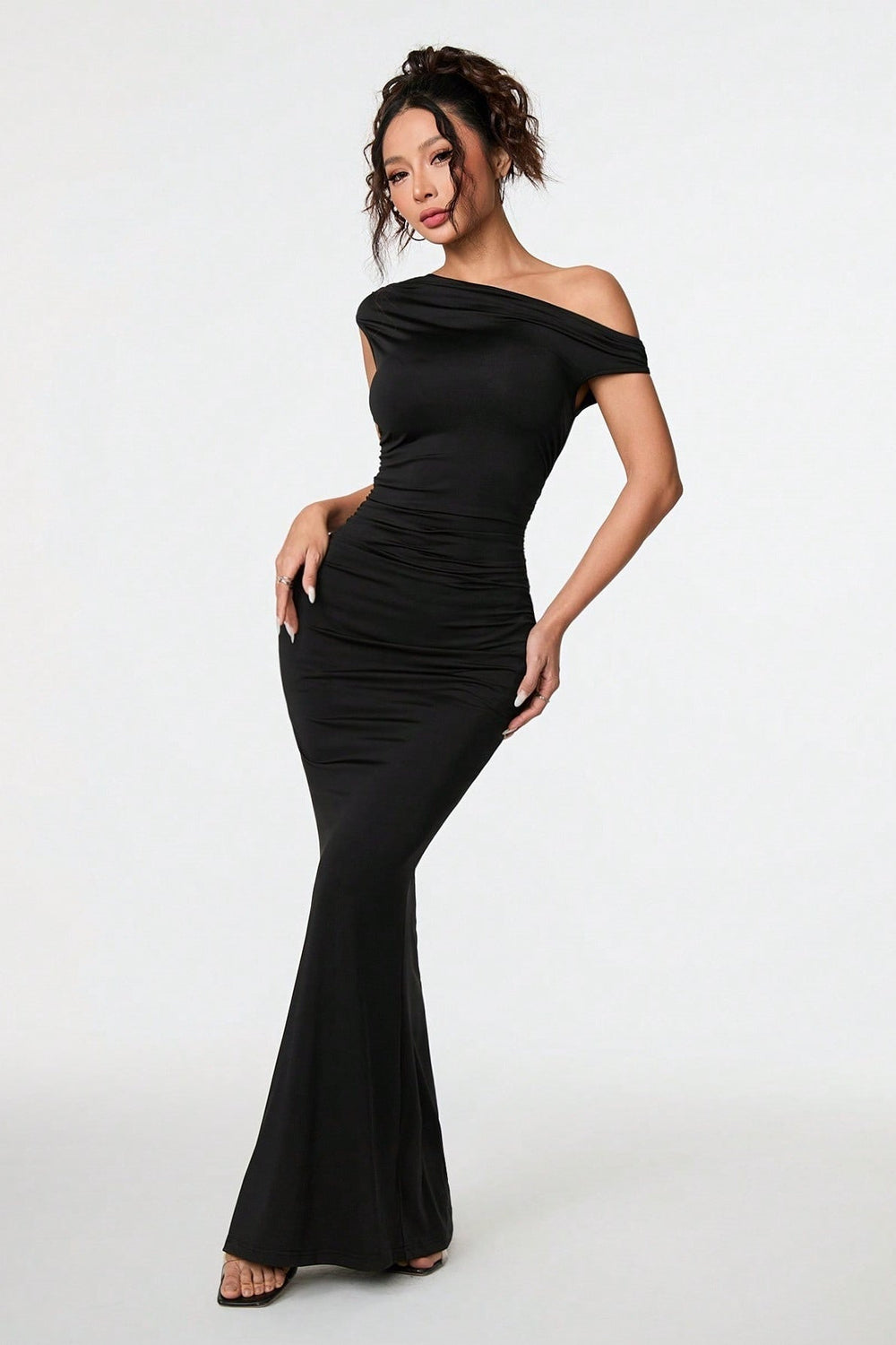 Black Asymmetric Neckline Formal Dress