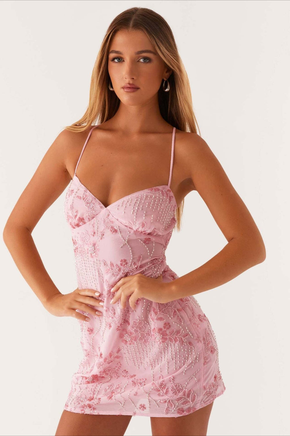 Colorful Beaded Back Tie Cocktail Dress S / Pink