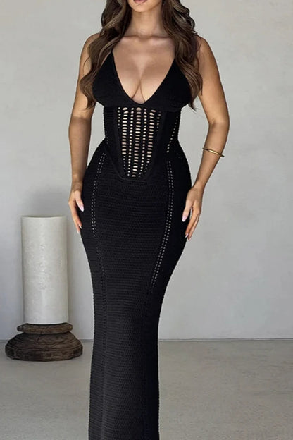 Backless Tie Up Knitted Hollow Out Maxi Dress