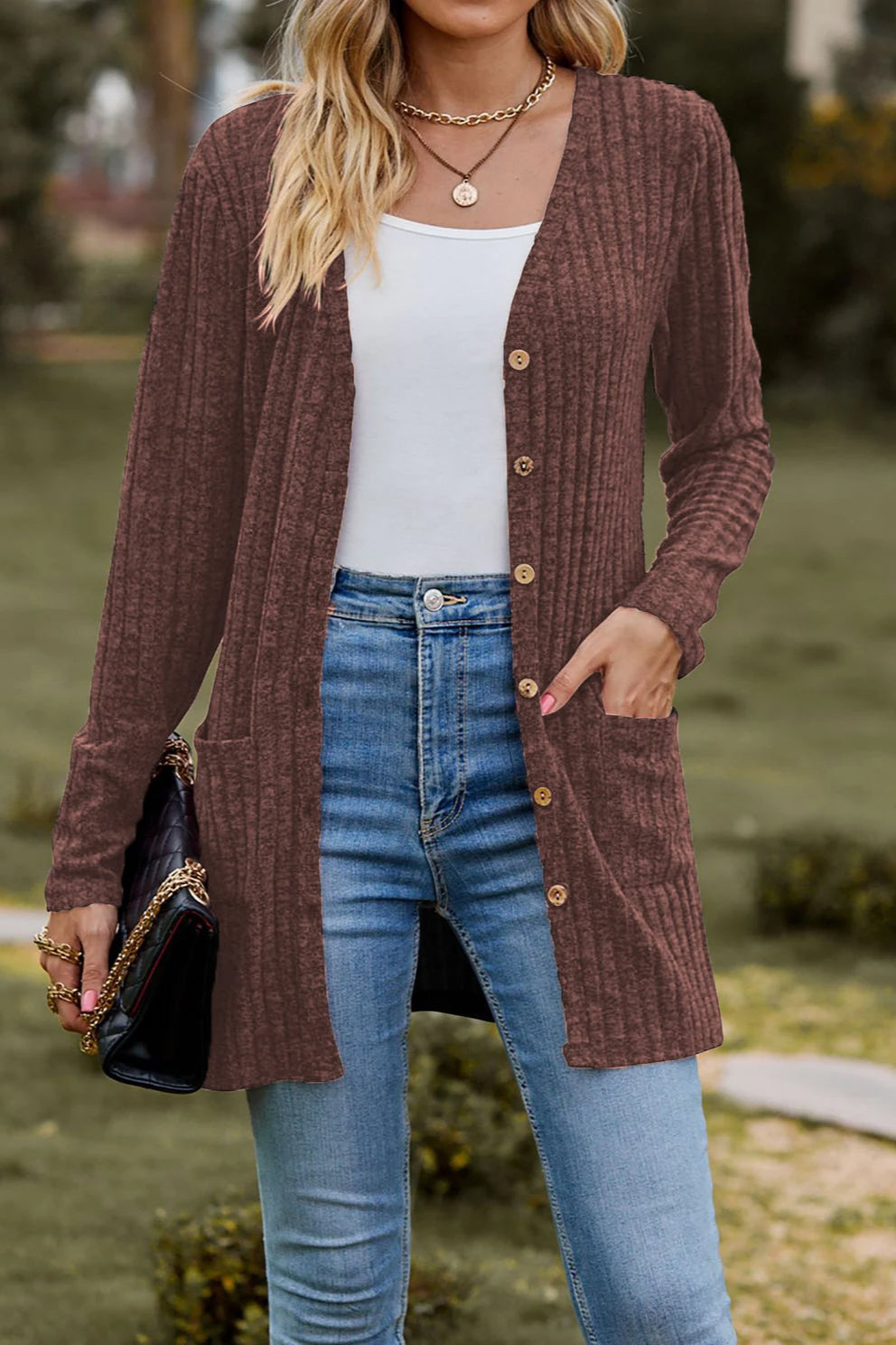 Brushed Ribbed Long Sleeve Cardigan Brown / S