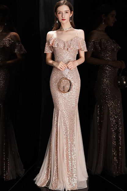 Off Shoulder Sequin Mesh Party Dress XS / Gold