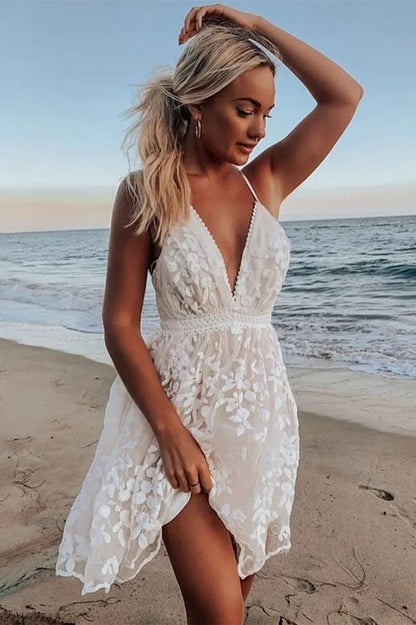 Lace Mesh Backless Boho Dress White / S