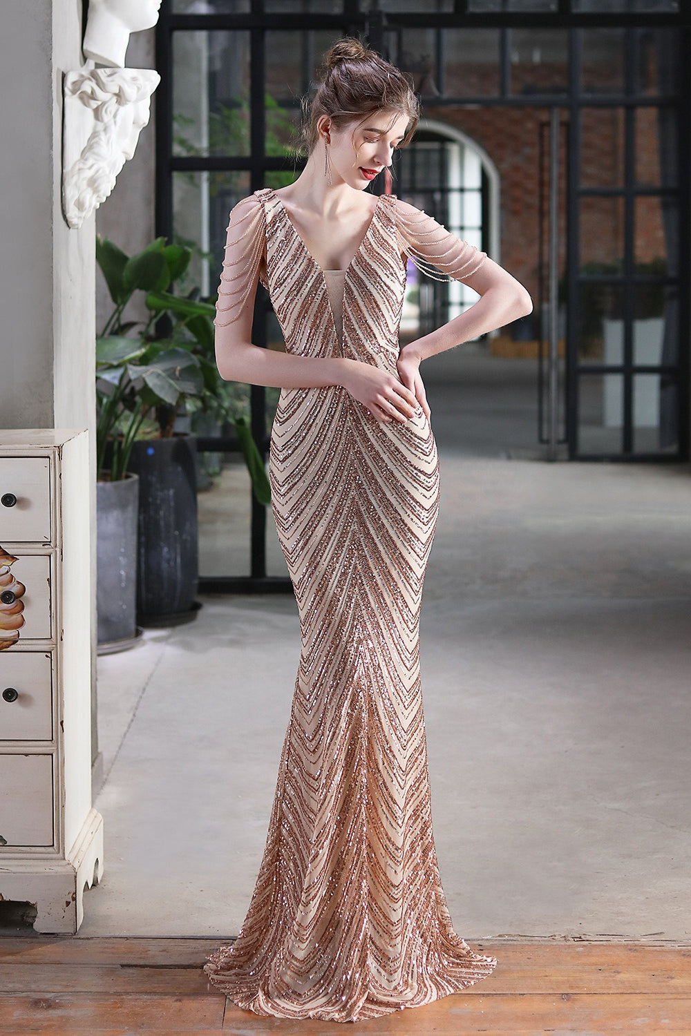 Elegant Sequin Mermaid Party Dress Gold / S