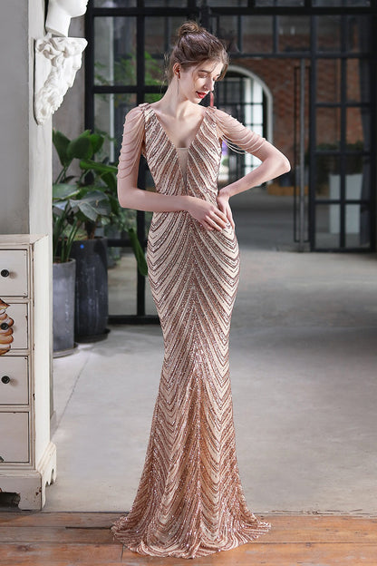 Elegant Sequin Mermaid Party Dress Gold / S