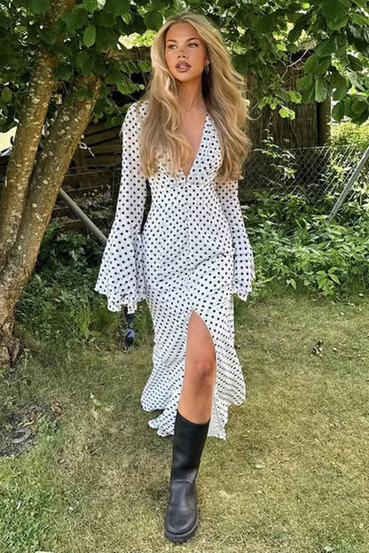 Polka Dot V-Neck High Split Bodycon Maxi Dress