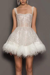 Feather Sequin Strapless Party Dress