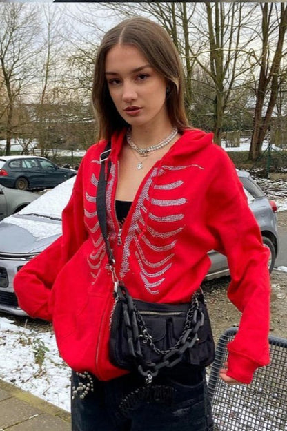 Rhinestone Skeleton Zip Up Hoodie