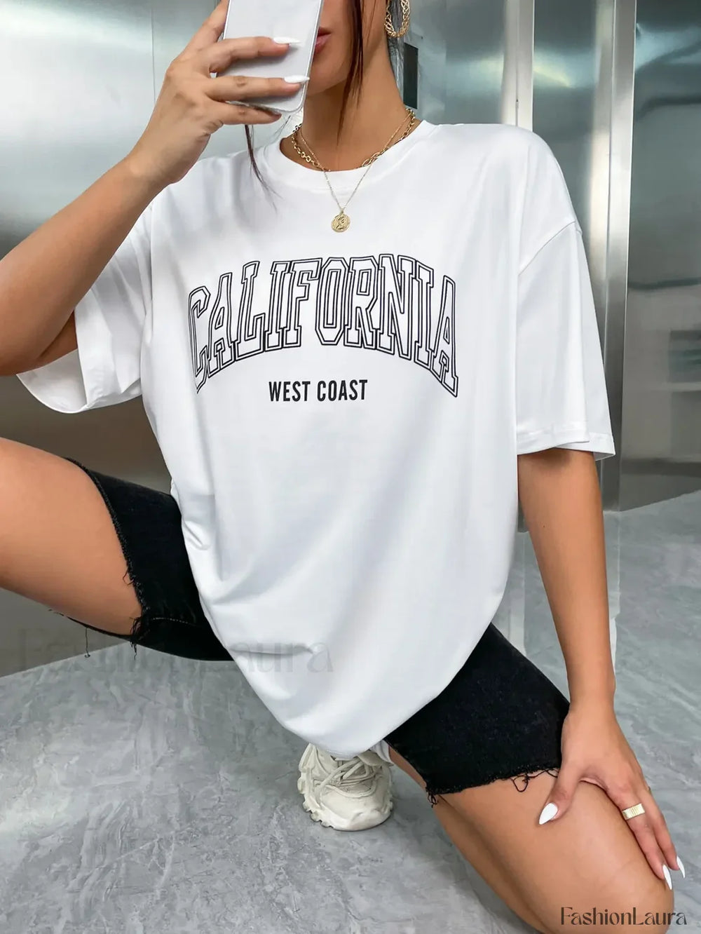 100% Cotton California USA Letter Print Oversized T Shirt White / S