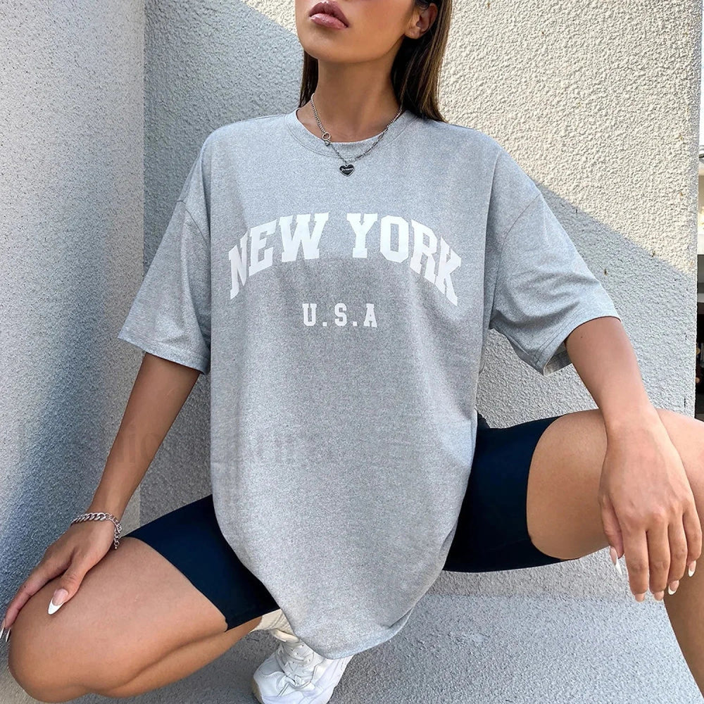 100% Cotton USA New York Letter Print T Shirt Gray / S