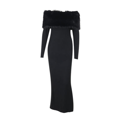 Onyx Fur Midi Dress - Black
