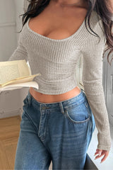 Ribbed Square Neck Long Sleeve Knit Top