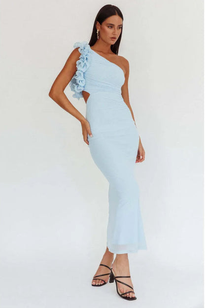 Slant Shoulder Flower Midi Dress