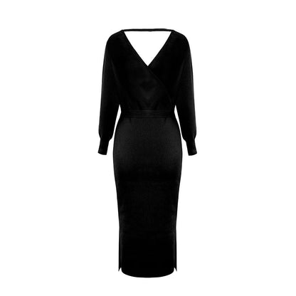 Yara Drape Knit Midi Sweater Dress - Black
