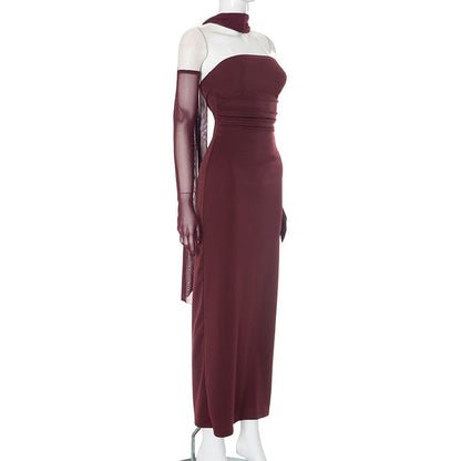 Hudson Maxi Dress With Stole And Gloves - Maroon