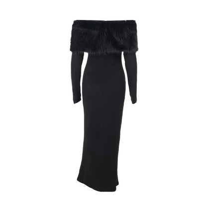 Onyx Fur Midi Dress - Black