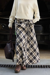 Asymmetric Color Block Plaid Midi Skirt