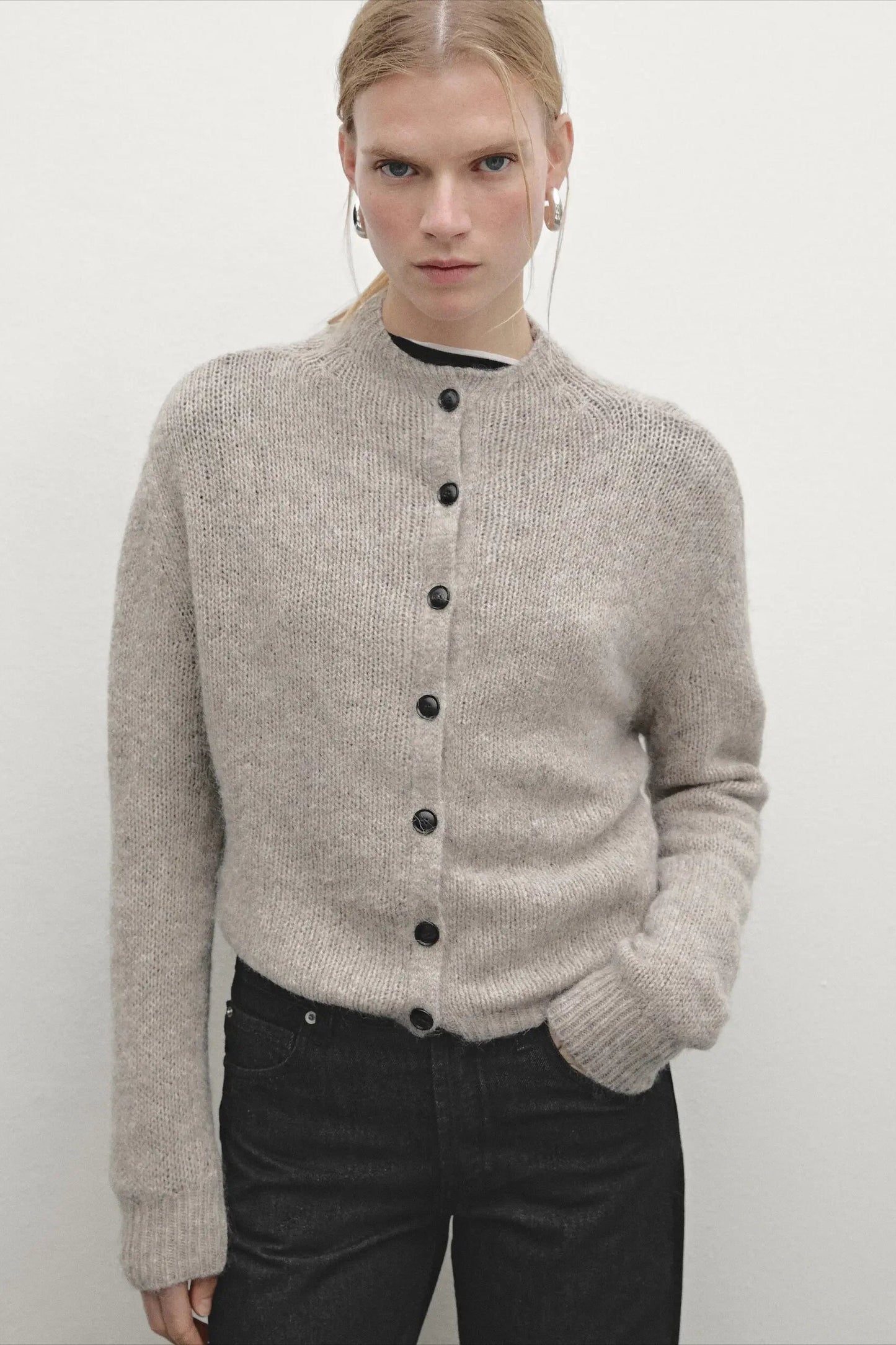 Casual Minimalist Semi Turtleneck Knit Cardigan