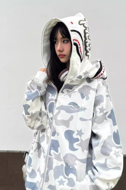 Retro Camo Double Hoodie Zip-Up Hoodie