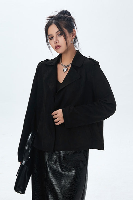 Suede Open Front Biker Jacket Black / One Size