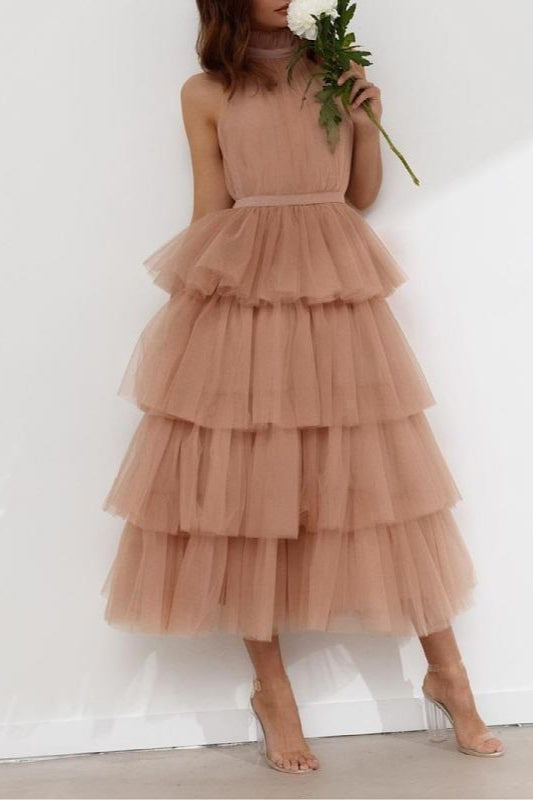 Blue Tiered Ruffle Mesh Party Dress XS / Khaki