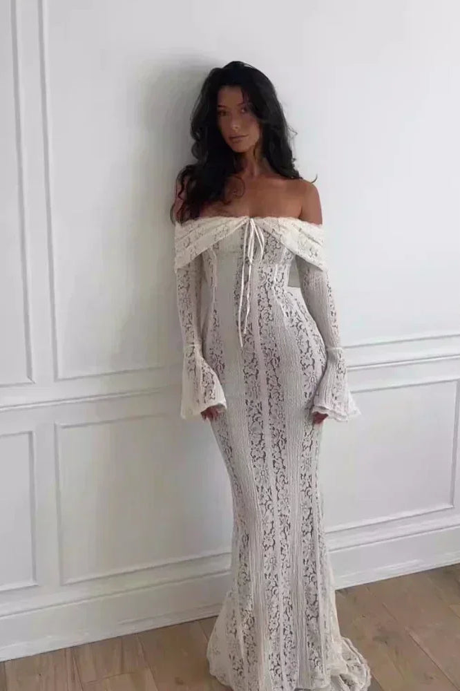 White Off Shoulder Long Sleeve Lace Maxi Dress