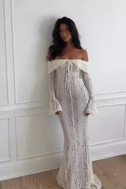 White Off Shoulder Long Sleeve Lace Maxi Dress