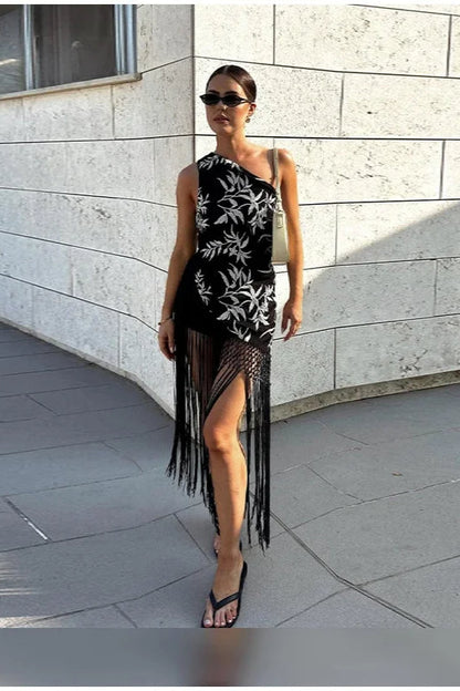 Printed Tassel Patchwork Midi Dress