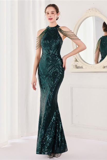 Sequin Halter Mermaid Maxi Party Dress Green / S