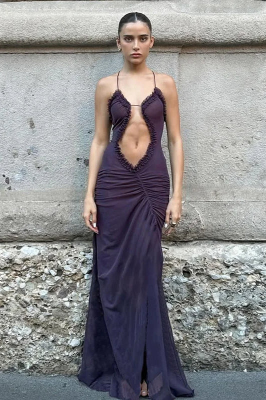 Asymmetric Ruched Cut Out Sleeveless Maxi Dress