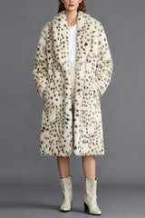 Leopard Print Faux Fur Notch Collar Overcoat