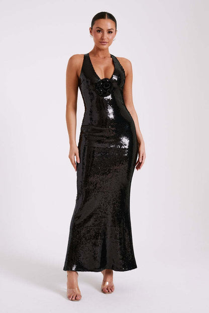 Backless Floral Sequin Maxi Dress S / Black