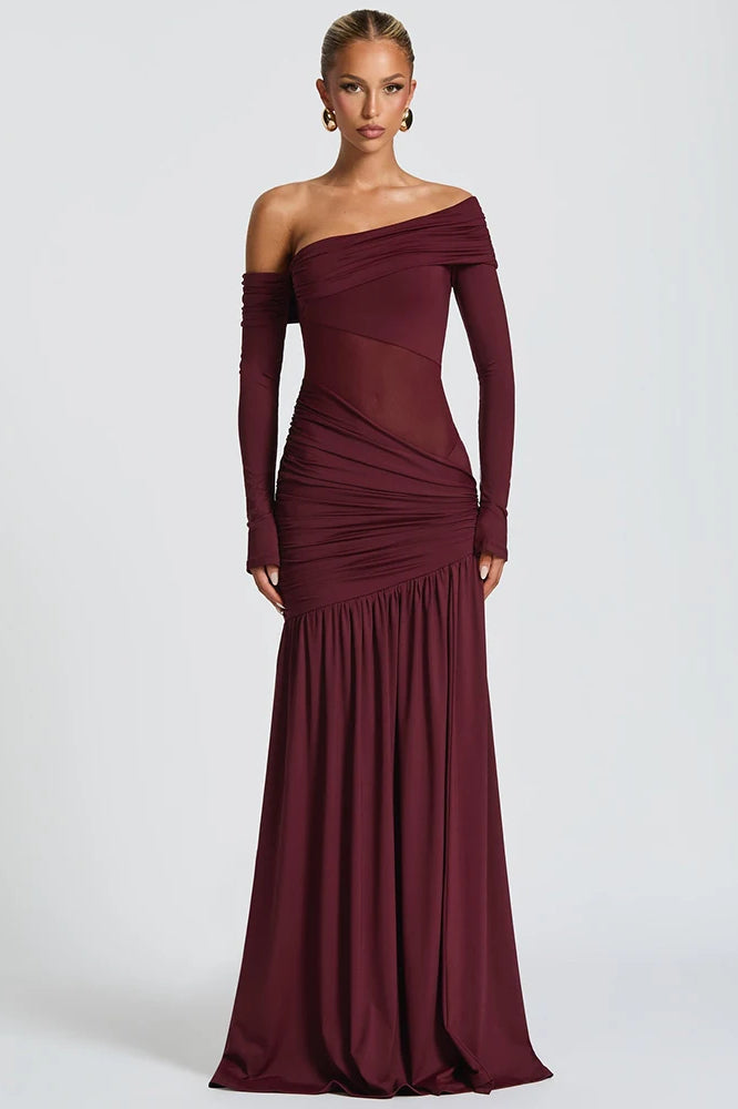 Off-Shoulder Long Sleeve Backless Thigh Split Maxi Dress
